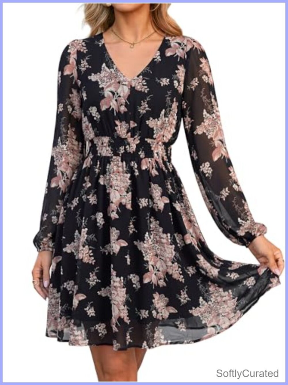 Womens Floral Mini Dress Long Sleeve V Neck Chiffon Flowy Boho